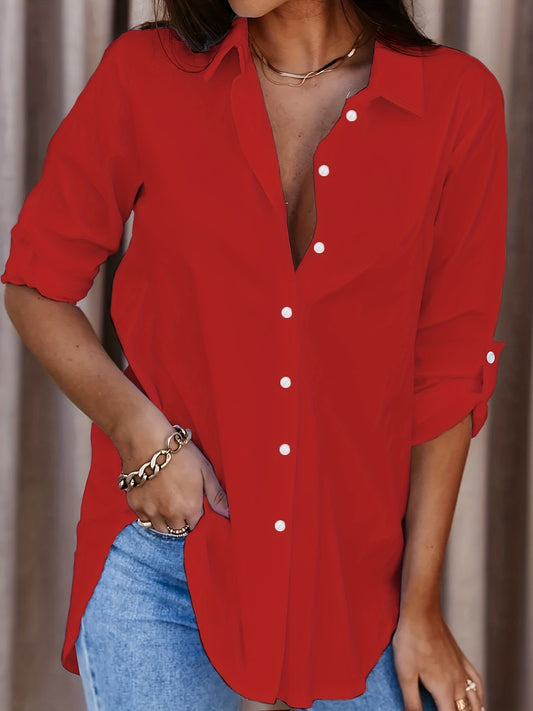 Blusa de Botones Talla Grande Cuello Solapa
