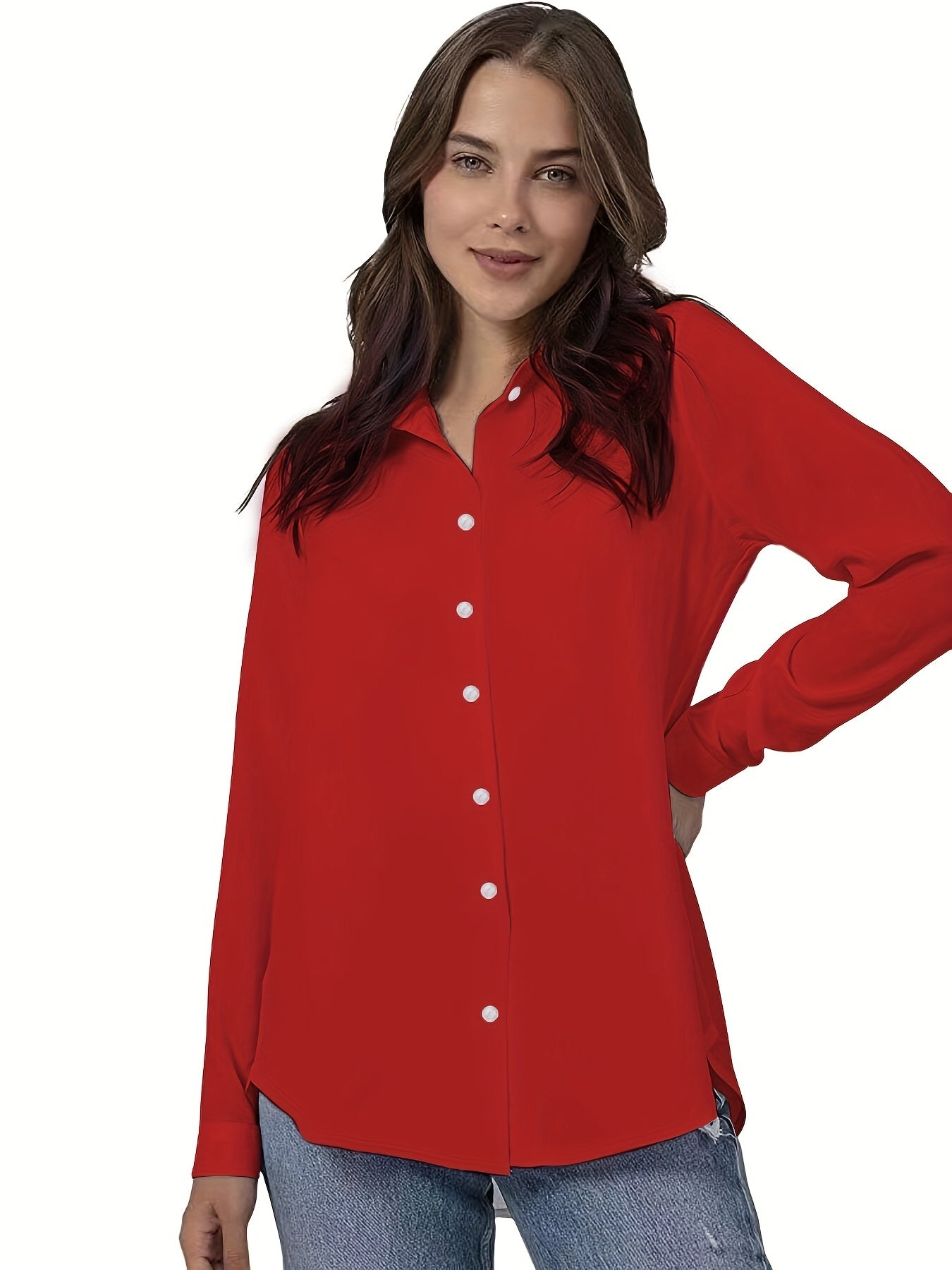 Blusa de Botones Talla Grande Cuello Solapa
